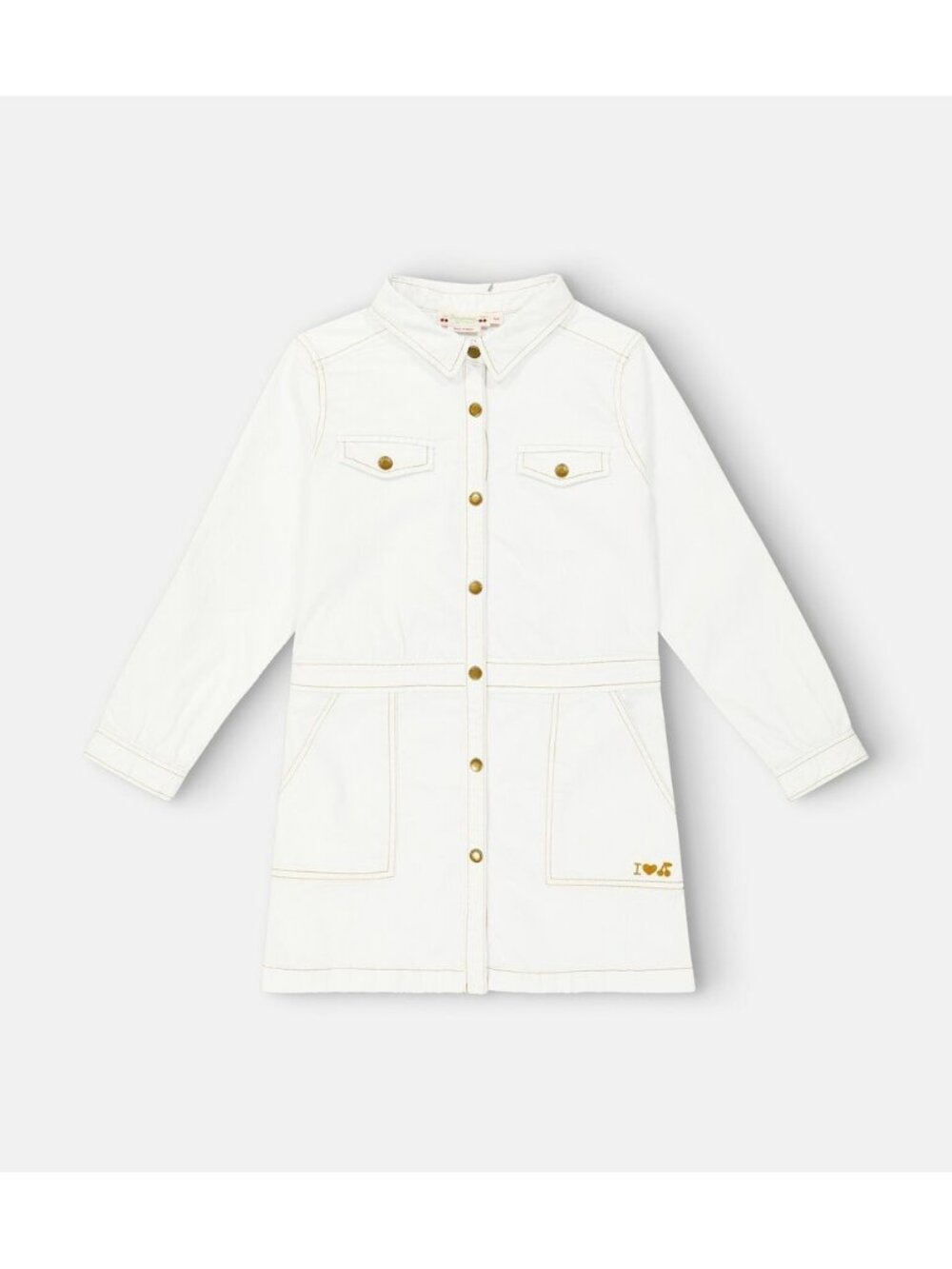 Bonpoint Girls White Denim Shirt Dress Snap Front Cherry Embroidery Size 4Y